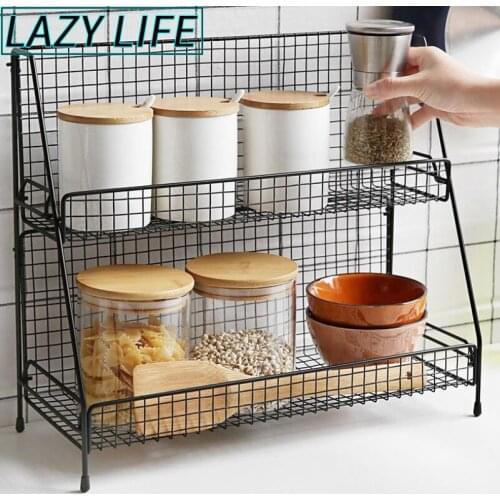 Multi Functional Iron Double Layer Storage Basket Kitchen Bathroom Garden Desktop Metal Black And White Display Rack