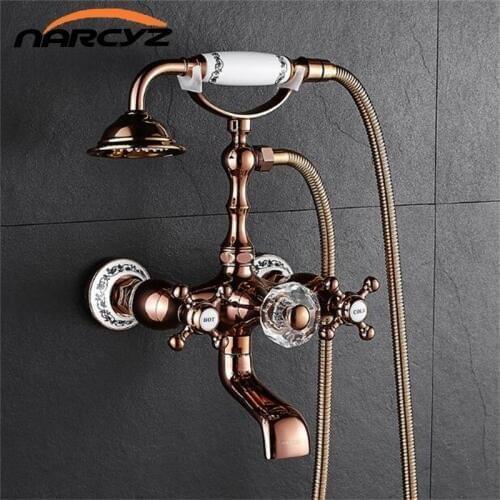 Bathtub Faucets Brass Luxury Rose Gold Bathroom Shower Faucet Set Rainfall Doule Handle Shower System Wall Mounted Tap XT360
