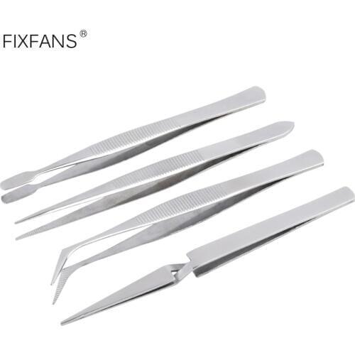 FIXFANS 4Pcs Precision Stainless Steel Electronic Tweezers Set Straight Curved Flat Cross Lock Tweezers Forceps Repair Tools