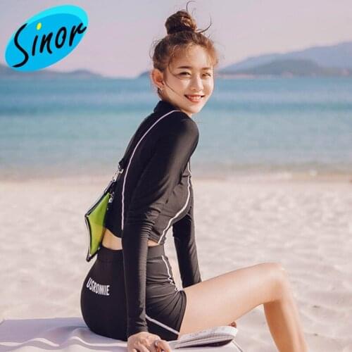 New Sports Split Conservative Slimming Swimsuit Female Black Long-Sleeved Sports Swimsuit Belly Covering Korean Style