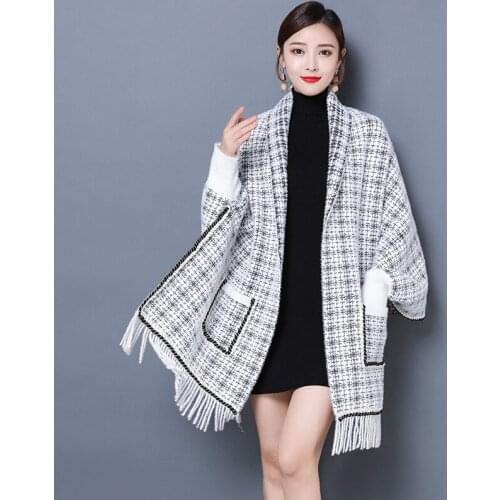 Autumn/winter Cardigan Woman Sweaters Faux Mink Houndstooth Cape Lady England Fashion Tassel Shawl Women Nice Knitted Tops Scarf
