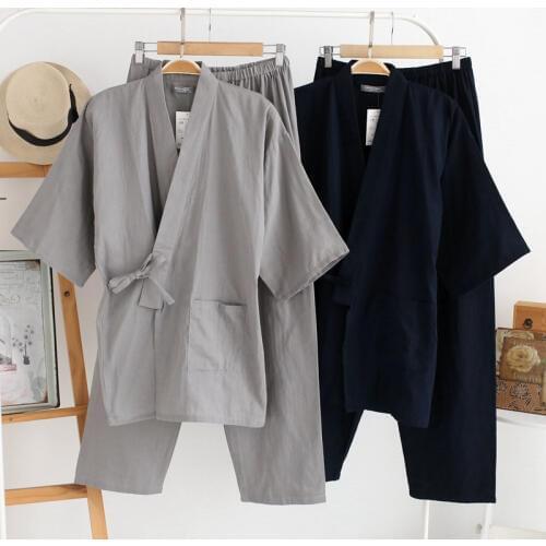 Summer Short-sleeved Cotton Double Gauze Kimono Pajama Set Solid V-Neck Sleepwear Pajamas Sleeping Suits for Men Pijama Set