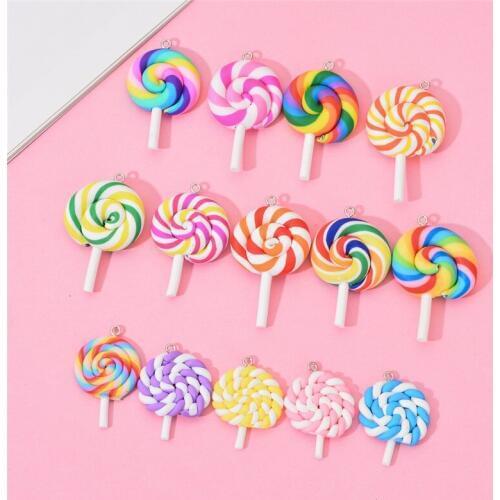 10PCS/PACK Multi-color Soft Clay Simulation Lollipop Charms Pendant For Women Girls DIY Necklace Earrings Jewelry Accessories