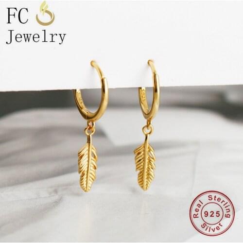 FC Jewelry 925 Silver Gold Boho Leaf Feather Shining Hoop Earring Pendientes Piercing Boucke Doreille For Women Pendientes 2020