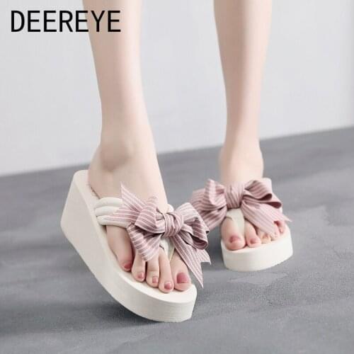 Womens Slip-On Stripe Butterfly-Knot Flip Flops Sandals 3CM 6CM Thick Bottomed Wedge Summer Flat Heel Mules Slippers Designer