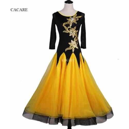 Standard Ballroom Dress Ballroom Dance Competition Dresses Flamenco Dress D0282 Yellow Long Sleeve with Big Sheer Hem Appliques