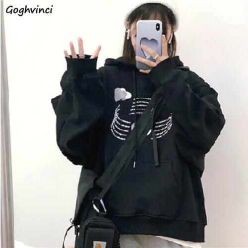 Hoodies Women Sweatshirt Printed Hooded Plus Velvet Oversize Loose Japanese Style Harajuku Hip Hop Stylish Simple All-match Chic