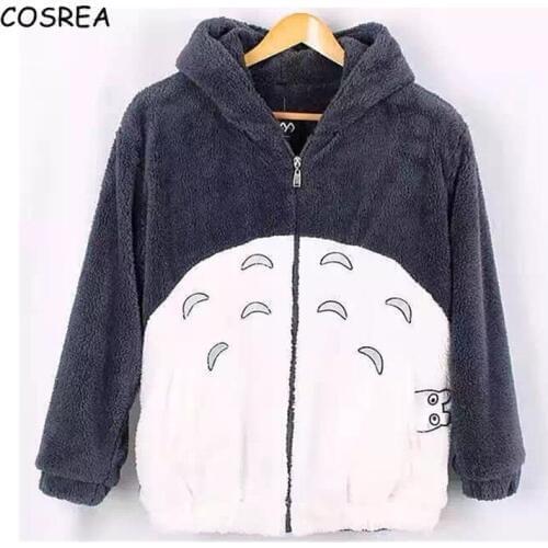 Tonari No Totoro Autumn Winter Hoodie Tops Sweatshirt Coat Coral Fleece Overcoat with Ears Harajuku Kawaii Cute Cosplay Costumes