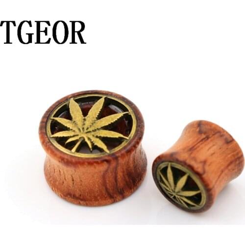 New arrive 1pair gauges original wood hole double flare with surface inlay bronze leaf ear tunnel free shipping