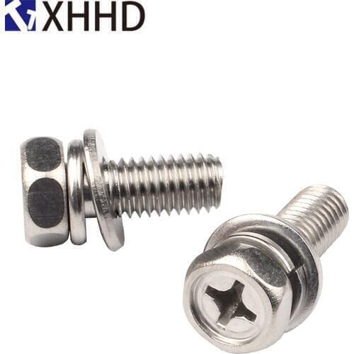 M4 M6 M8 Hex Cross Recessed Machine Screw Metric Thread Hexagonal Flat Spring Lock Washer Bolt 304 Stainless Steel