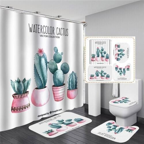 3D Plants Bathroom Curtain Shower Curtain Cartoon Pink Print With Hook Polyester Waterproof Bathtub Screen Home Decor
