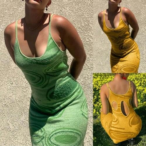 Womens Sexy Hollow Out Bodycon Summer Dress Green Yellow Knit Paisley oval Print Backless Beach Club Midi Dress Party Vestidos