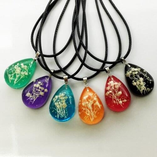 1PC Glowing in the Dark Real Dried Flower Pendant Necklaces Resin Water Drop Leather Chain Cute Necklaces For Women Girl