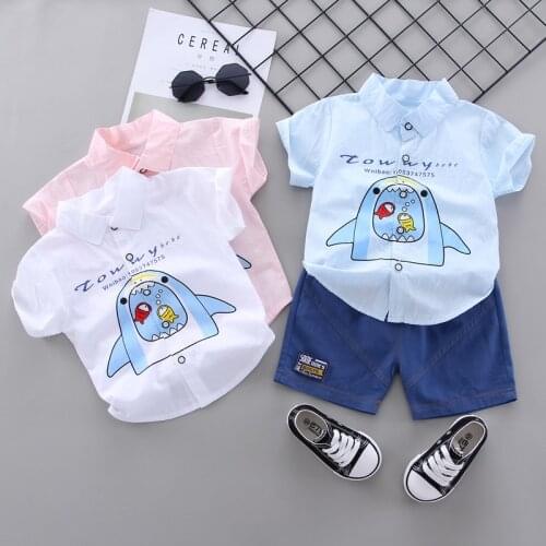 2PCS Short Sleeve Shirt And Denim Shorts Boy Clothing Sets Baby Shark Cartoon Pattern Children Clothes
