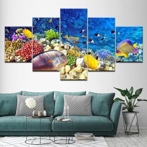 5 Panel Printed Drawing on Canvas Framed wall art picture Printed Home Decor Tropical Fish Spray Oil Painting Decoration Artwork