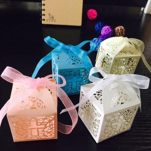 50pcs/lot DIY Crossing Candy Boxes with Ribbon Angel Gift Box Baby Shower Baptism Birthday First Communion Xmas Easter Decor