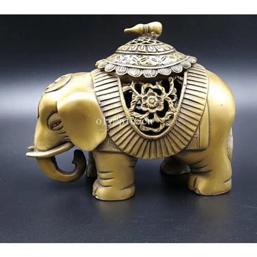 6'' copper carved auspicious beast animal Elephant incense burner statue