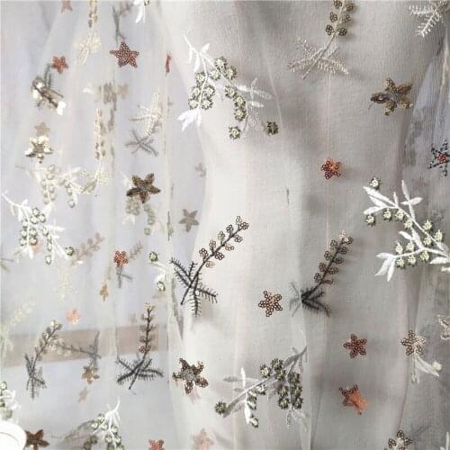 Beige Net Yarn Embroidery Lace Fabric Sequined Five-Pointed Star Wheat Ear DIY Skirt Dress Hanfu WomenS Clothing Fabric V2952