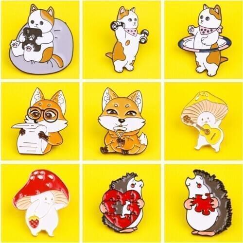Enamel Pin Cartoon Cute Mushroom Badges Custom Funny Dog Cat Hedgehog Brooches Bag Lapel Pin Badge Plant Jewelry Gift for Kids