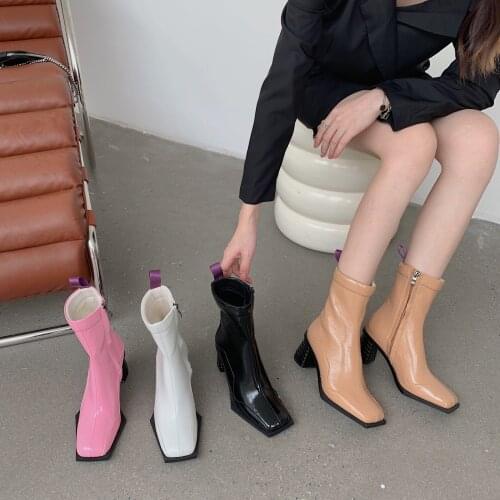 Europe Station Womens Martin Boots 2021 Winter Square Toe Thick Heel Chelsea Boots Mid Boot Retro High Heels Short Boots Tide