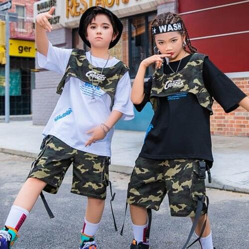 Camouflage Short Vest Shorts Tops Girls Jazz Clothing Boys Ballroom Dance Clothes Children Hip Hop Dance Stage Wear SL5192