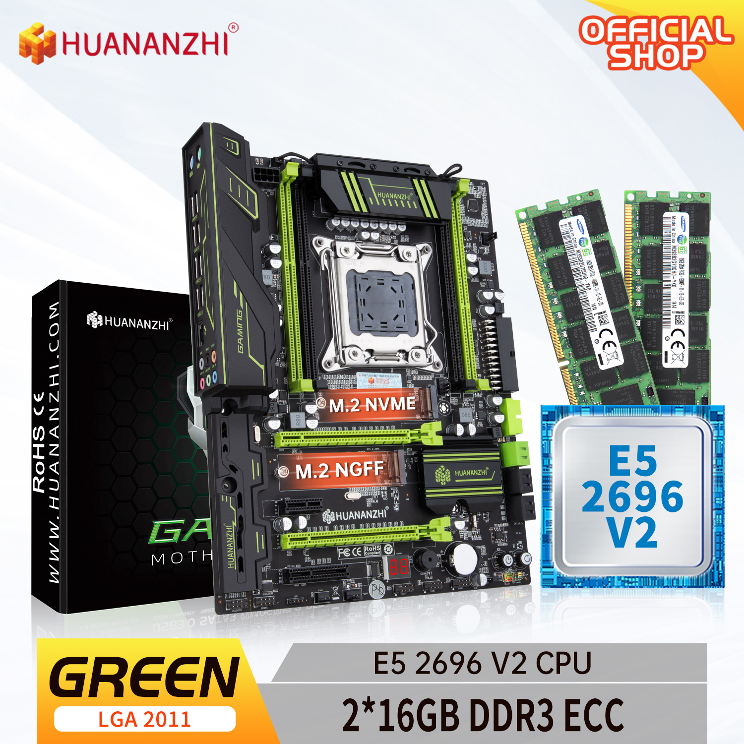 HUANANZHI X79 GREEN X79 motherboard with Intel XEON E5 2696 V2 with 2*16GB DDR3 RECC memory combo kit set USB 3.0 SATA NVME M.2