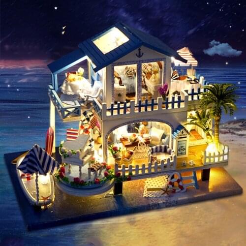 DIY Wooden Blue Large Villa Dollhouse Miniature Furniture With LED Kit Doll Houses Assemble Toys for Children Girl Birthday Gift
