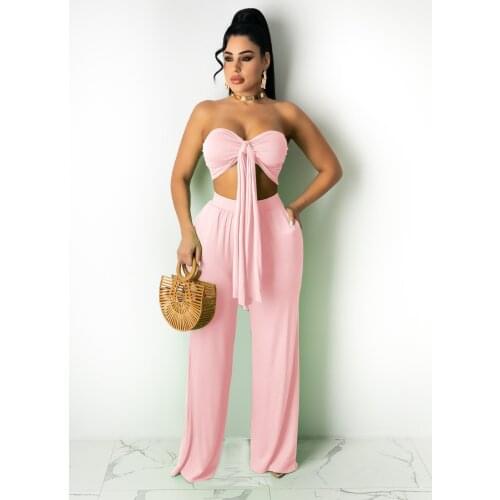 Fashion womens casual solid color wide-leg pants + ribbon tube top suit