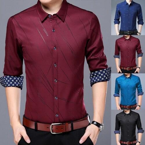 Fashion Men Long Sleeve Turn Down Collar Letters/Stripes Print Buttons Shirt Top