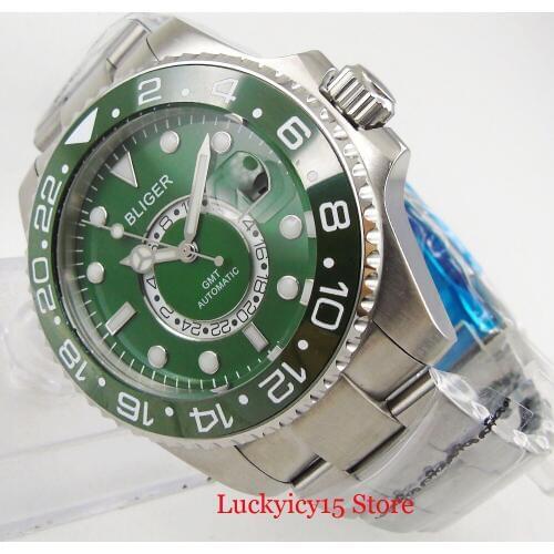BLIGER Green Automatic Men Watches GMT Function Sapphire Glass Date Indicator 43mm Round Wristwatch