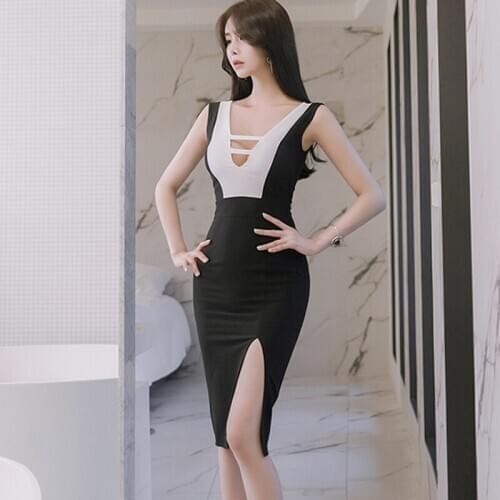 New Elegant Deep V Neck Office Lady Dress Work Wear Summer Women Sexy Open Fork Party Night Slim Bodycon Pencil Dresses Femme