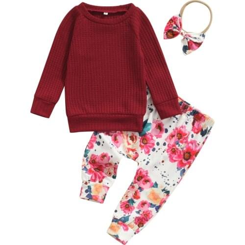 Clothes For Newborns Solid Color Long Sleeve O-neck Knitted Cotton Tops Floral Print Trousers Bow-knot Headband Girl Clothing