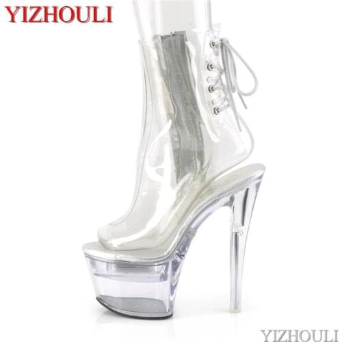 Full transparent vamp 17cm, PU material 7 inch model stiletto heels, summer night club pole dancing ankle boots