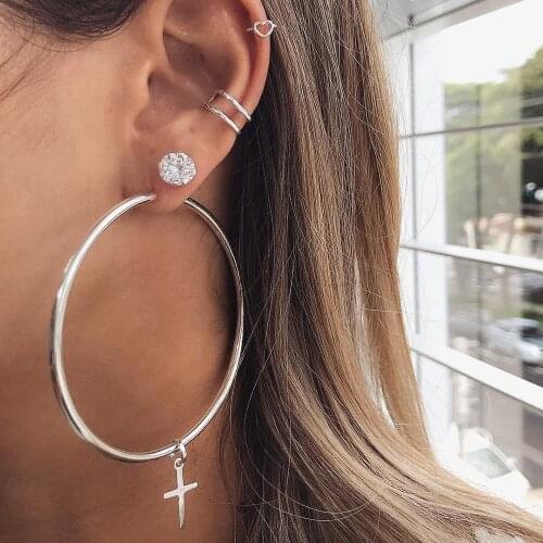 Simple Fashion Gold Crystal Cross Big Round Hollow Ring Heart Shape Earrings For Women Bohemia Vintage Drop Earrings Jewelry