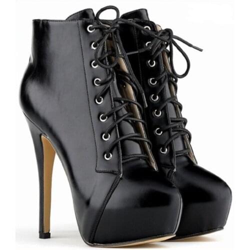 14CM High Heels Boots Black Patent Leather Platform Woman 's Short Boots Zapatos Mujer Lack Up Ankle Boots Plus Size 34 46