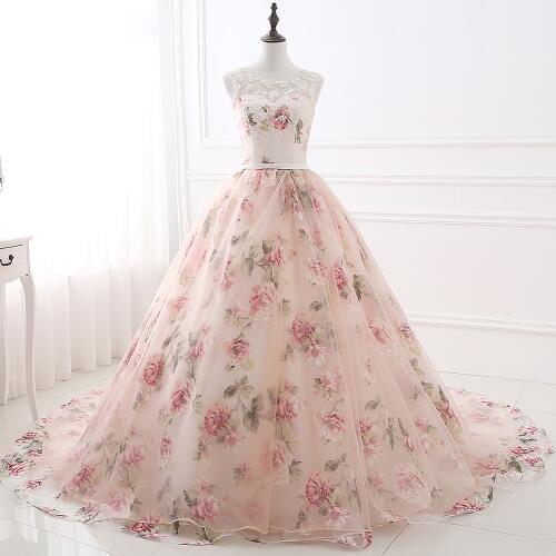 2019 Pink Prom Dresses Ball Gown Sleeveless Scoop Neckline Party Gown Floral Printed Lace Appliqued Tulle Vestido Prom Gown