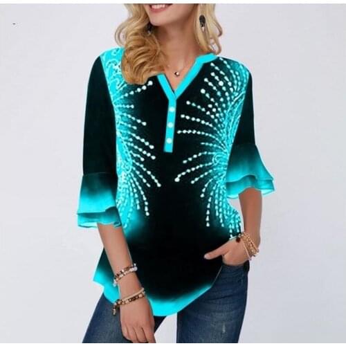 Shirt Blouse Women Plus size 5xl Single-breasted Print Position Blue V-neck Flared Sleeve Tops Female Shirt Loose Ladies Shirt