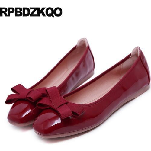 Ballerina women red wine japanese beautiful bow patent leather flats 2019 ladies large size wedding ballet shoes chic square toe