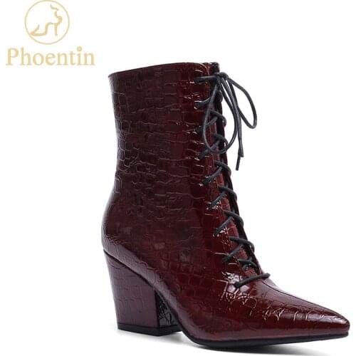 Phoentin 2019 new Crocodile pattern ankle boots women pu leather female winter boots zipper pointed toe black lace up FT754