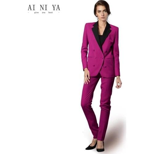 Fuchsia Womens Suits Fashion Sets Clothes For Women Two Piece Set Double Breasted Blazers Jackets+Pencil Pants Office Lady Suit