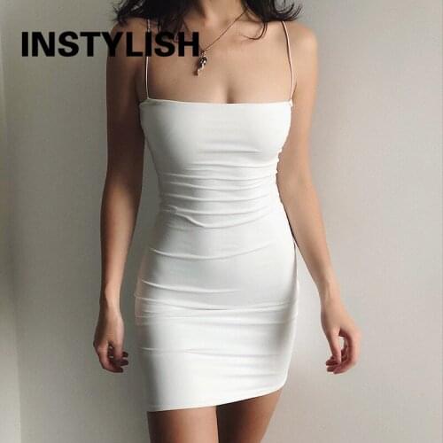 Instylish Women Sexy Spaghetti Strap White Bodycon Dress Elegant High Waist Summer Sundress Casual Simple Mini Club Dresses 2021