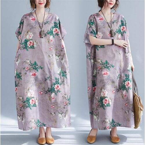2021 Summer Fashion New V-Neck Short Sleeve Loose Large Size Long Holiday Light Purple Printed Dress Female Trendy H215