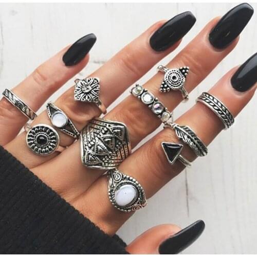 10 Pcs/Set Vintage Knuckle Rings For Women Boho Geometric Flower Crystal Ring Set Bohemian Midi Finger Jewelry Bague Femme