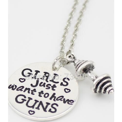 2015 Fashion new style "girls just want to have guns" necklace, dumbbell 2 pendant silver necklace Wholesale Jewelry