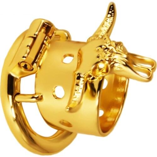 2021 Golden Bull Head Stainless Steel Male Chastity Cage Fetish Metal Penis Ring Lock Cock Bondage Belt Device Sex Toys For Men