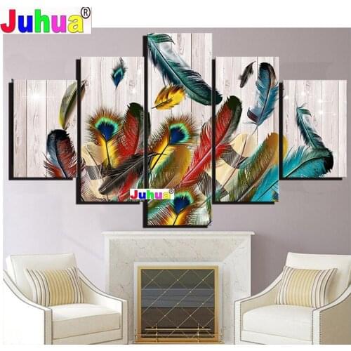 5 Panel Feather diamond painting cross stitch Colorful Art diamond embroidery multi-Panel Diamond mosaic wall picture decor