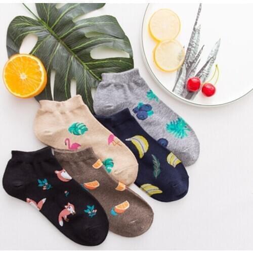 5 pairs of short socks Cartoon happy socks women Flamingo Fruit Banana Orange Grape Fox Kawaii novelty socks harajuku tabi socks