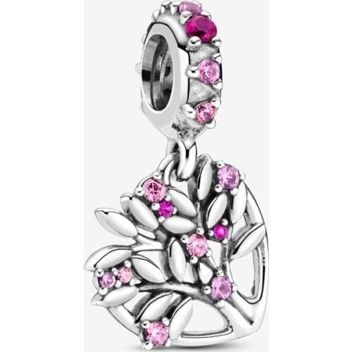 Authentic 925 Sterling Silver Pink Family Tree Pendant Fit Original 3mm Bracelet&Bangle Making Fashion DIY Jewelry For Women
