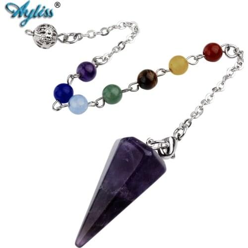 Ayliss Natural Stone Crystal 6 Faceted Wicca Pendulum Pyramid Healing Chakra Dowsing Pendant Bracelet Combination 7 Chakra Chain