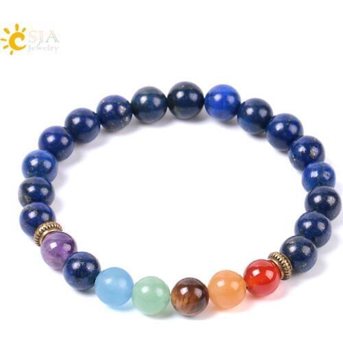 CSJA Natural Gem Stone Blue Lapis Lazuli Strand Bracelets Bangle Healing Yoga 7 Chakra Meditation Reiki Mala Buddhism Beads E959